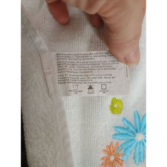 White Cotton Hand Towels With Blue Orange Floral Embroidery Green Polka Dot Trim - Picture 5 of 6